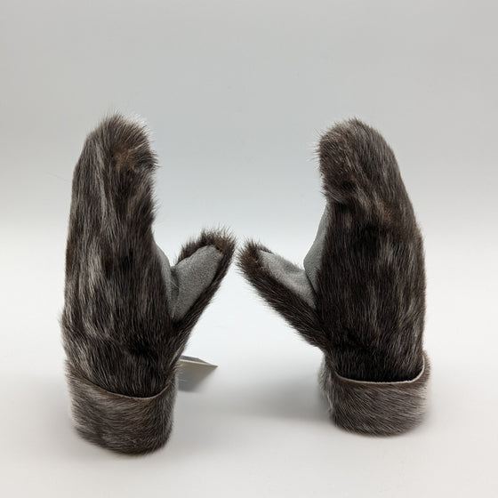 Grey sealskin mittens. The outside of the mittens have sealskin fur and the palms of the mittens are a sealskin leather material.