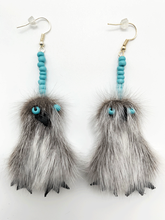 Sealskin owl shaped drop earrings with turquoise beads for eyes.