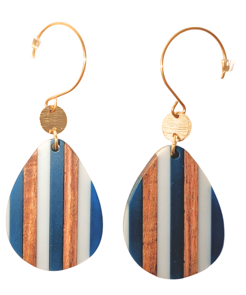 Striped Blue White and Walnut Earrings Teardrop
