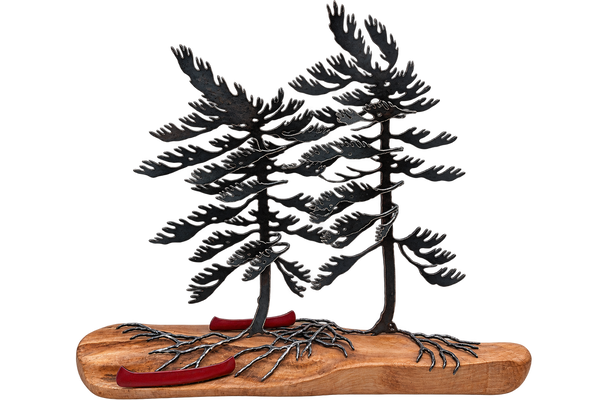Windswept Pine & Wood Sculpture With 2 Canoes
