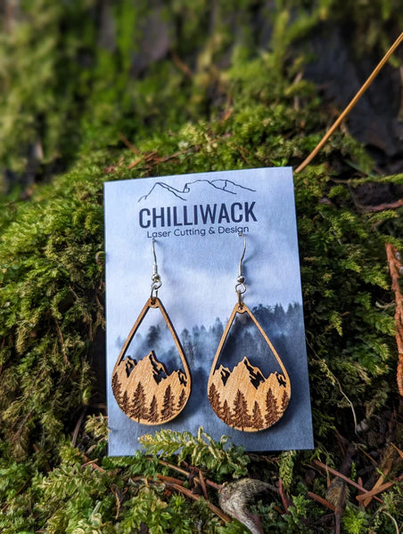 Wooden Tree and Mountain Earrings