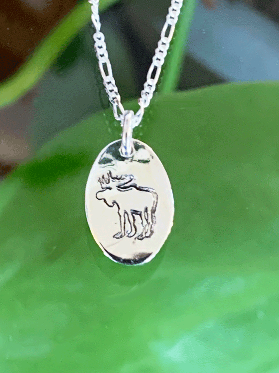A necklace made of sterling silver hangs freely in front of a forest backdrop. The pendant is an oval of bright polished silver with a moose etched into the centre.