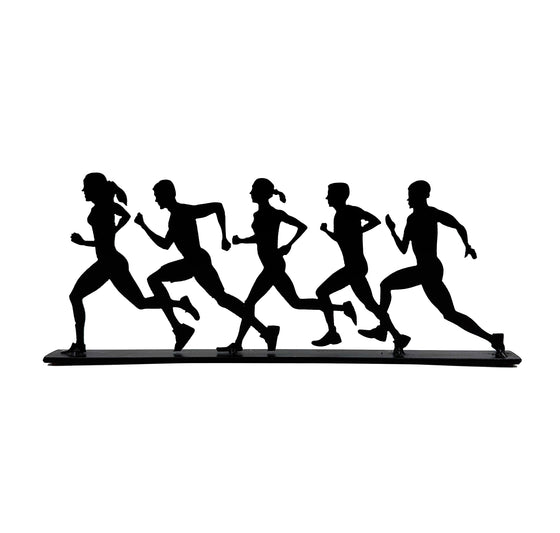 A group of five runners, two women and three men, run in a line along a sleek metal base. The laser-cut steel sculpture is painted matte black.