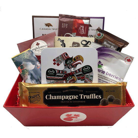 This medium sized chocolate gift basket includes tasty chocolate treats all made in Canada. Products include various chocolate bars, truffles, fudge, toffee, chocolate berries, and a First Nations art tin filled with assorted chocolates. 