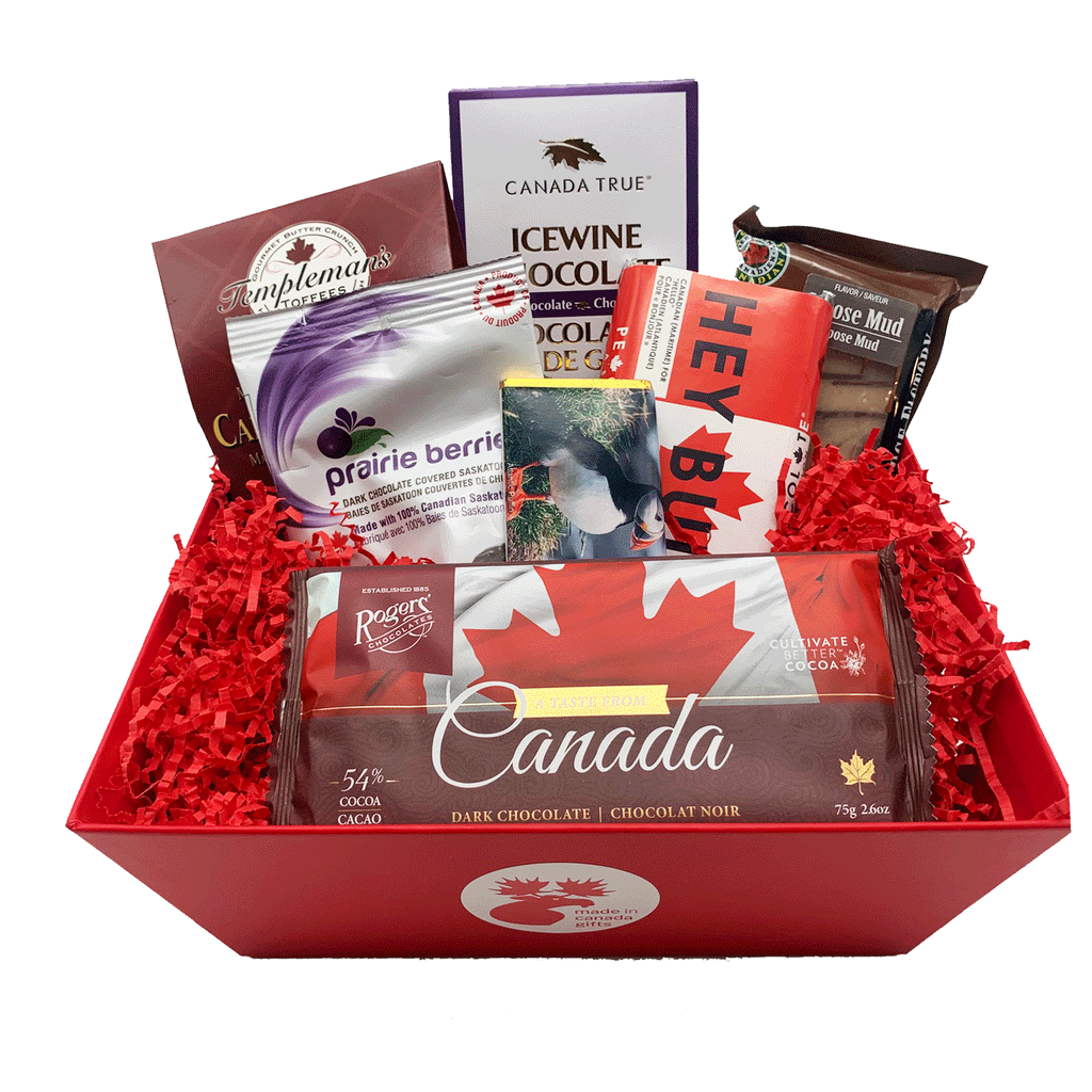 This small chocolate gift basket features delicious chocolates all made in Canada. Products include chocolate bars, berries, fudge, and toffee.
