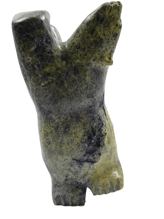 A dancing bear carved from brilliant green soapstone. The bear dances on one hind foot, with the other raised and its paws thrown up in front of it. The bear throws back its head in jubilation. This bear faces left.