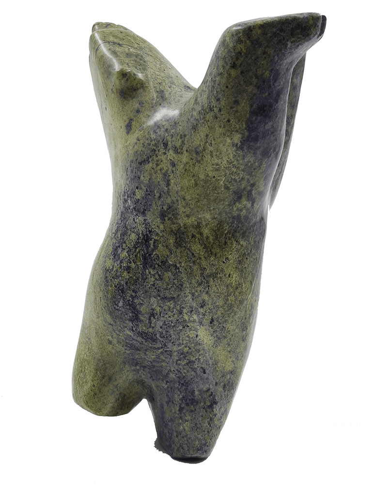 A dancing bear carved from brilliant green soapstone. The bear dances on one hind foot, with the other raised and its paws thrown up in front of it. The bear throws back its head in jubilation. This bear faces right.