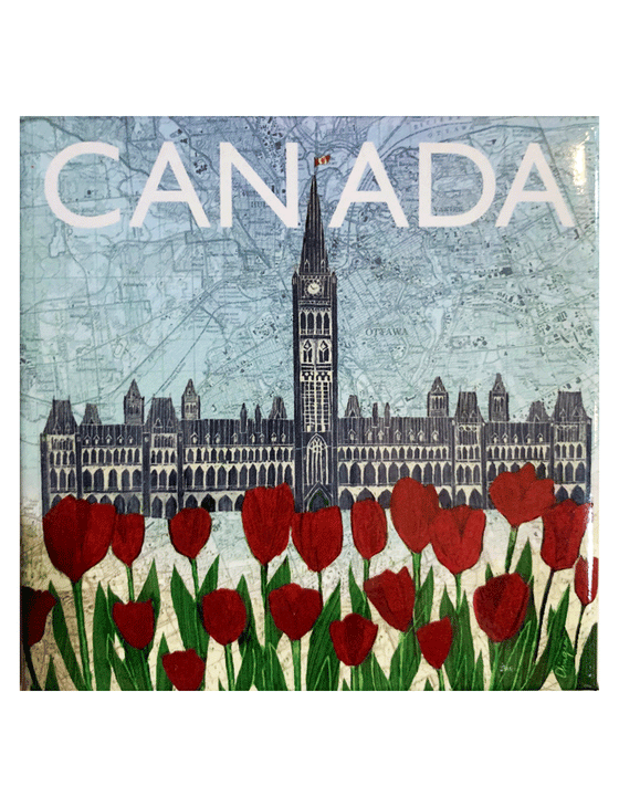 A square magnet featuring the parliament building with red tulips below. The background of the image is a light blue map of Ottawa. 'Canada' is written in white at the top of the magnet. 