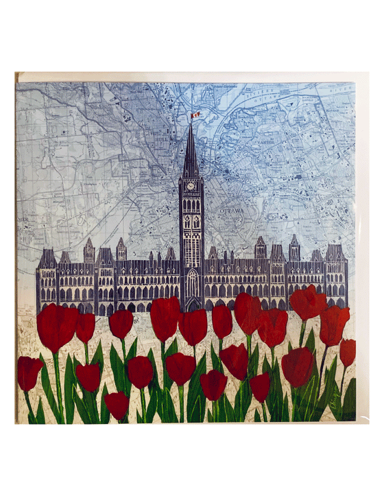 Beautiful card with artwork by Alan Dhingra featuring the parliment building with red flowers in front of it and a map of Ottawa behind it