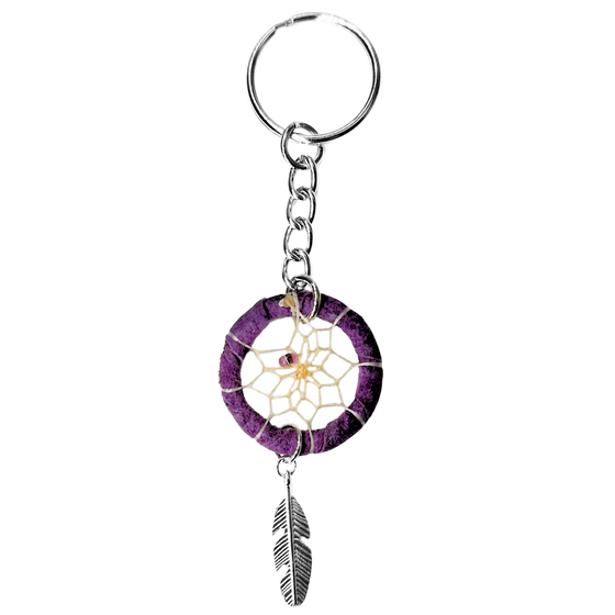A purple dream catcher keychain featuring purple beads and a metal feather.