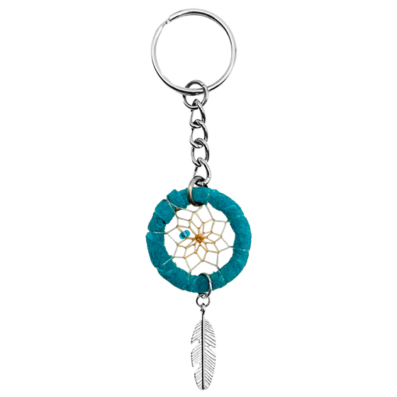 A dream catcher keychain featuring a turquoise dream catcher with turquoise beads and a metal feather charm.