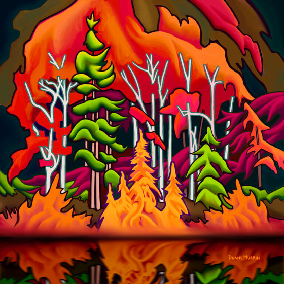 A dense colourful Canadian Forest in the fall. Abstract bold lines outline a whimsical autumnal scene reflecting on a lake.