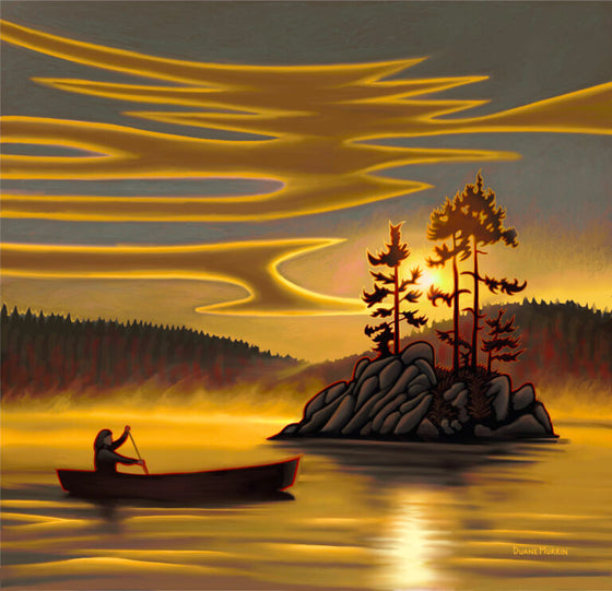 A person is rowing a canoe in yellow coloured water, which is reflecting the blue sky and flowing yellow clouds above. A small rocky island with 4 trees is situated in the water, and steam fog sits above the water's surface.