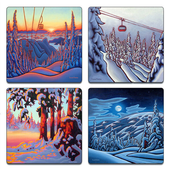 Set of four coasters which illustrate a winter landscape combining the spongy foliage of the Group of Seven and the French curves of Art Nouveau by Duane Murrin