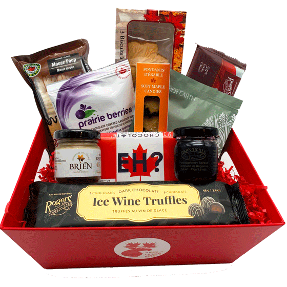 Small Sea to Sea assorted gift basket featuring products made all across Canada, including chocolate berries and truffles, maple cookies, First Nations tea, jam, maple butter, fudge and candies. 