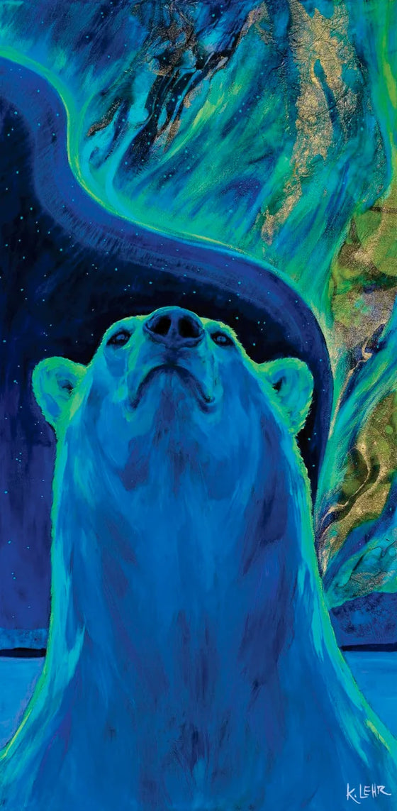 A stunning visual of the aurora borealis above an adorable polar bear. The blue and green hues, sprinkled with gold coat the night sky and light the polar bears head with a array of shades.