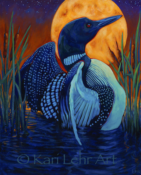 A print with a black border depicting a loon stretching its wings in a body of dark blue water. A bright orange moon and a purple and orange starry sky is behind the loon, and several cattails emerge from the water on either side of the loon.
