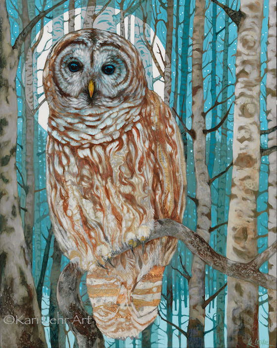 An owl with brown and white feathers and sparkling eyes perched on a  tree branch in a dense forest. Under a large moon that is lighting up the night sky. The large moon sits as a ring around the owls head.