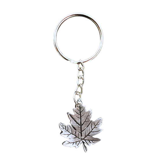 Pewter maple leaf attached to a small chain and a key ring