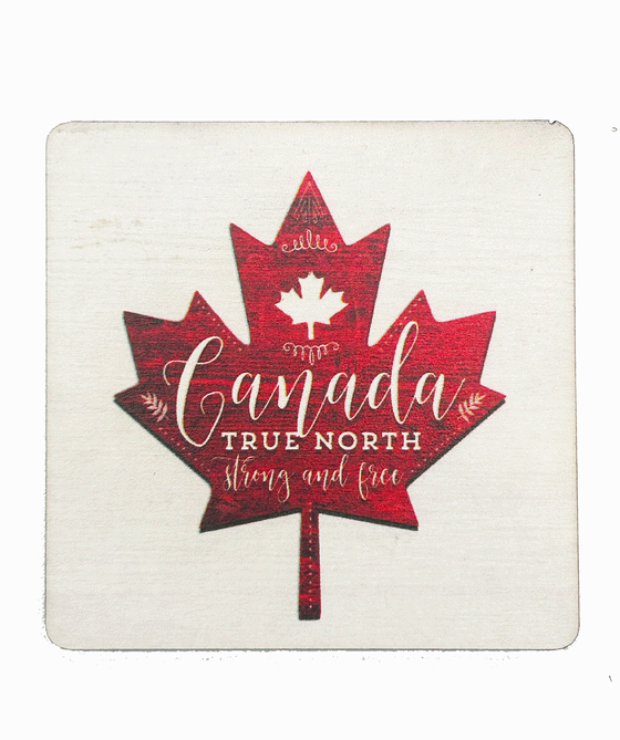 Set of 4 True North Strong and Free Coasters with a red maple leaf in the center against a white background and "Canada True North and Free' written in the middle