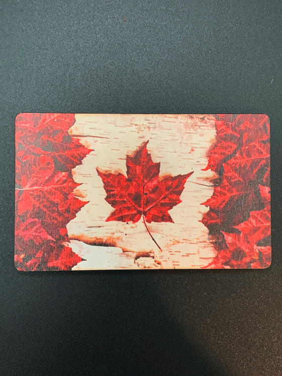 A rectangular wooden magnet with rounded corners,  featuring a Canadian flag. The flag consists of a dimensional red maple leaf in the centre, a white wood-textured background, and multiple red maple leaves on either side.