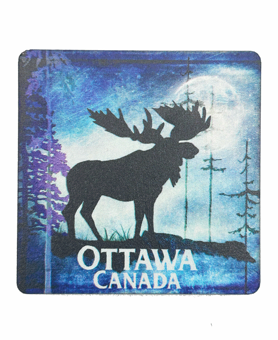 Set of 4 Ottawa Moose Coasters with a black moose against a blue winter landscape and "Ottawa, Canada" written on the bottom 