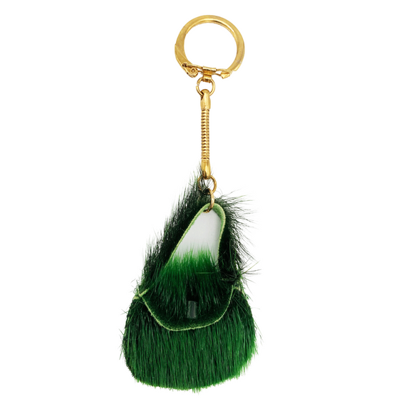 A green sealskin purse keychain. The keychain hardware is gold.