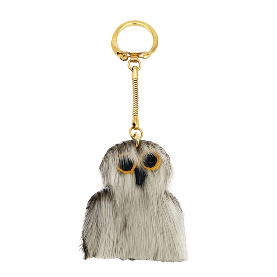 Grey sealskin ook pik owl key ring with gold hardware.
