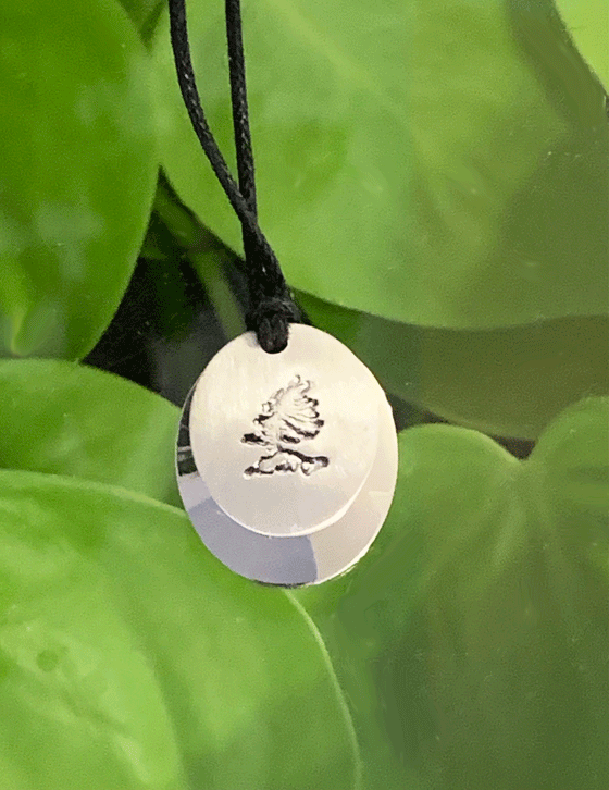 A necklace made of two layers of brushed and polished silver mounted on a leather cord. The base is an oval of bright polished silver. Over that is a smaller circle of brushed silver with a rugged windswept pine on rock  etched into the centre.
