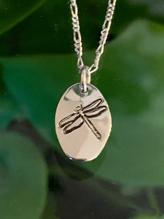 A necklace made of sterling silver hangs freely in front of a forest backdrop. The pendant is an oval of bright polished silver with a dragonfly etched into the centre.