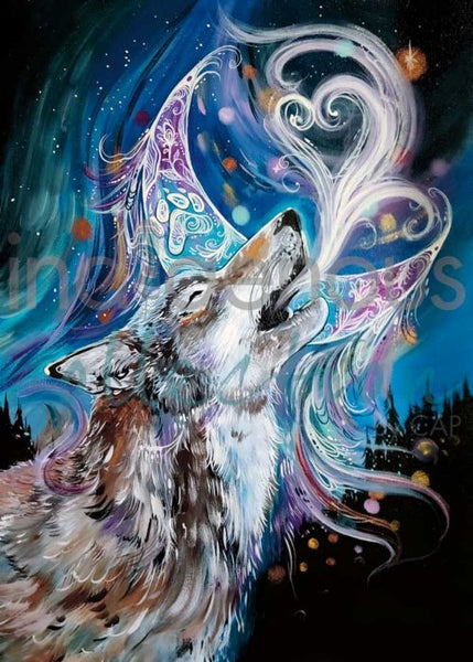 moon wolf ハンドメイドパステル画　絵画アート原画 Wolf Moon
