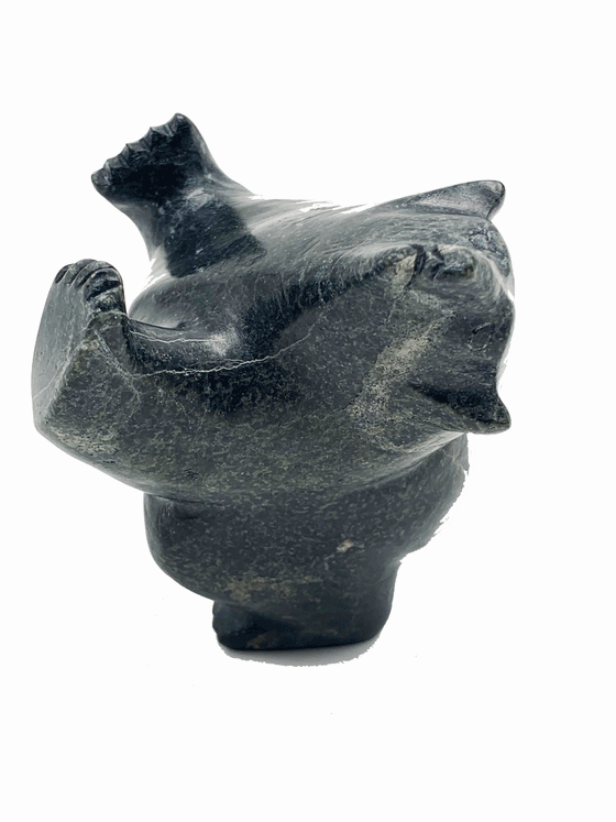 Black with green veins; soapstone carved dancing bear. 
