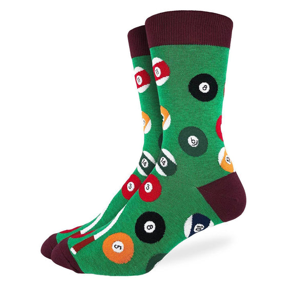 These fun socks feature solid and striped billiards balls, on a green background with a burgundy toe, heel, and rim. Spandex added to the 85% cotton blend gives the socks the perfect amount of stretch to hug your feet.