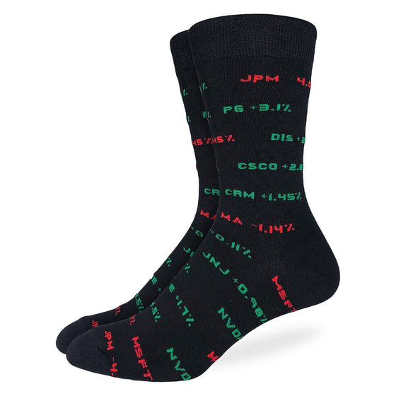 These fun socks feature various stocks in green and red on a black background. Spandex added to the 85% cotton blend gives the socks the perfect amount of stretch to hug your feet.