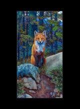 A print with a black border depicting an orange fox sitting on a rocky forest floor. A blue sky peeks through the many trees behind the fox.