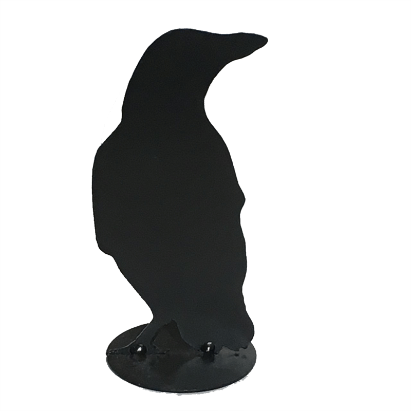 A close up of crow design H. This sleek, upright crow is staring over its shoulder. Its silhouette implies it is facing the viewer, with its head turned to the side. 