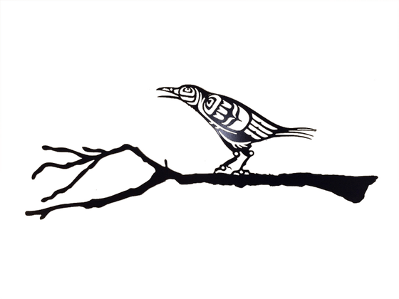 This metal sculpture shows the matte black silhouette of a crow drawn in Coastal Salish style. It is leaning forward with its beak slightly open, as if gently cawing. Coastal Salish shapes provide detail to its face and wings. This crow stands on a realistic branch with small knots, bumps, and broken twig ends.