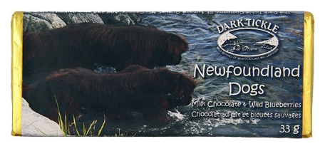 Small chocolate bar wrapped in gold foil. In a sleeve with photo of a Newfoundland Dog at the edge of a rocky river.