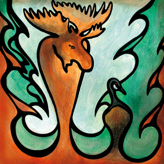 An abstract painting of a moose and Canadian goose. The bold sweeping lines show the silhouette of evergreen trees that seem connected to the two animals.  