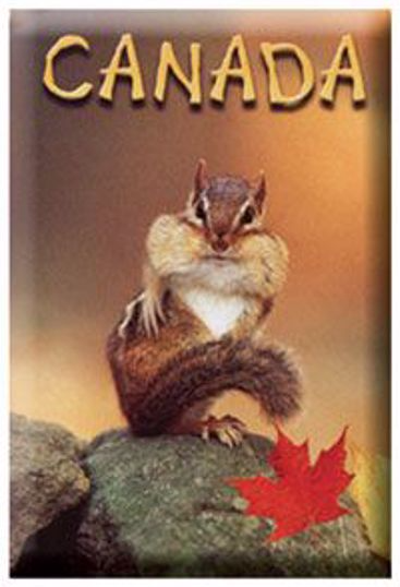 A squirrel with chubby cheeks is pictured sitting on a rock, with a red maple leaf in the corner. Canada is written at the top.