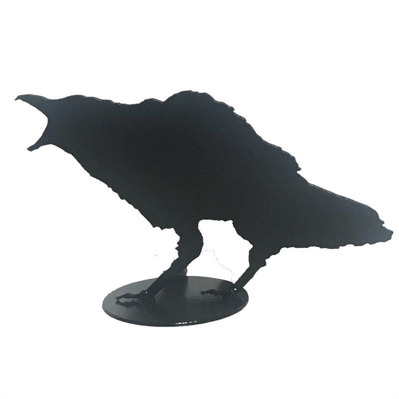 A close up of crow design D. This crow stands slightly hunched forward, giving a loud caw. Its jagged outline suggests highly ruffled feathers.