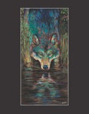 A print with a black border depicting a dimensional grey wolf with blue, pink, orange and green accents. The wolf is peering into the dark swamp water below, where the wolf's reflection can be seen.