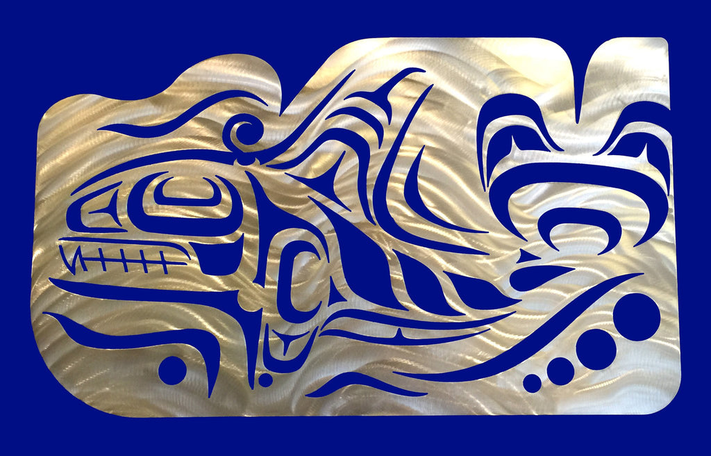 A Coastal Salish wall sculpture on a blue background. Crescents, u-shapes and trigons carved out of a brushed metal sheet create the form of an imposing Orca whale with a tall dorsal fin and strong tail. The top edge of the metal sheet has also been carved to create the impression of water moving in response to the powerful motion of the whale.