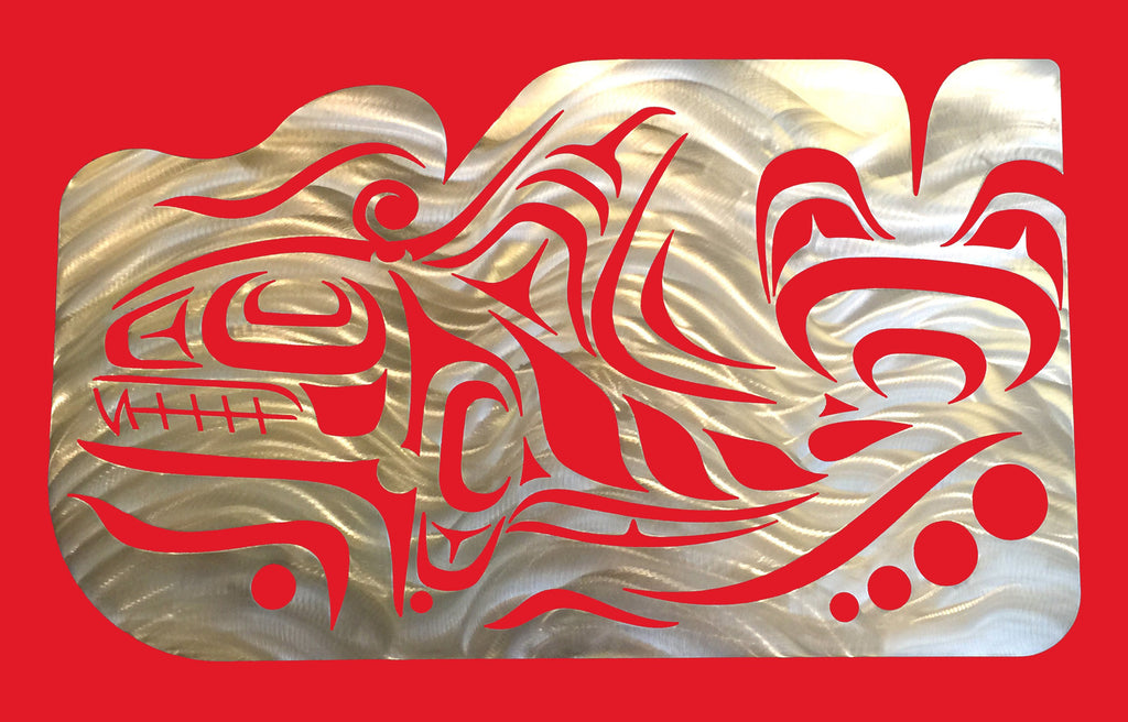 A Coastal Salish wall sculpture on a red background. Crescents, u-shapes and trigons carved out of a brushed metal sheet create the form of an imposing Orca whale with a tall dorsal fin and strong tail. The top edge of the metal sheet has also been carved to create the impression of water moving in response to the powerful motion of the whale.