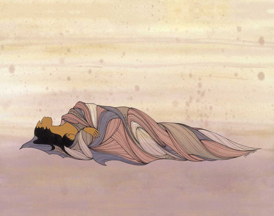 A mother and child laying down and facing up. The background is a mix of light pinks and yellows. The artist is Maxine Noel from Manitoba of Santee Oglala Sioux parents.