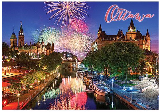 Photo of Rideau Canal on a summer night with fireworks in the background. Parliament is visible in the background.