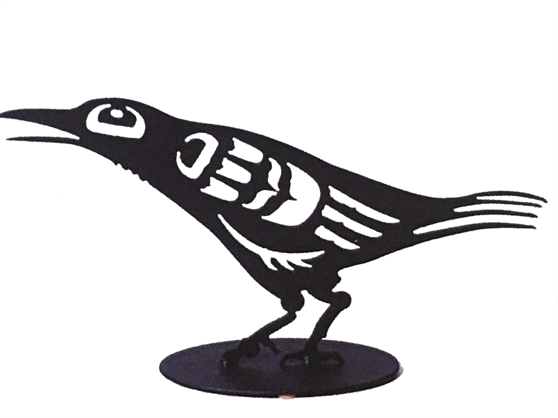 This metal sculpture shows the matte black silhouette of a baby crow drawn in Coastal Salish style. It is leaning forward with its beak slightly open. The slim tail, beak, and feather forms on this crow give it a dainty appearance.