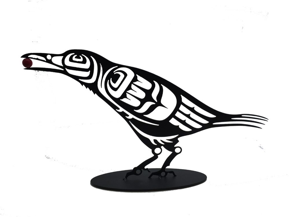 This metal sculpture shows the matte black silhouette of a crow drawn in Coastal Salish style. It is leaning forward with a red orb or berry in its beak. This bird has a slimmer beak and tail than a raven, but it still has well defined tail feathers and a small neck ruff.