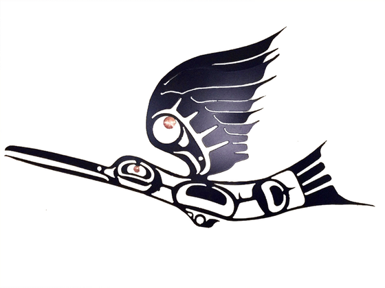 This metal sculpture shows the matte black silhouette of a hummingbird drawn in Coastal Salish style. The hummingbird is midflight, with its back arched slight downward and it wing stretched high above its head. Its long beak is two thirds the length of its body. A small copper disk marks the eye of the bird, and a slightly larger disk  provides detail to the wing.