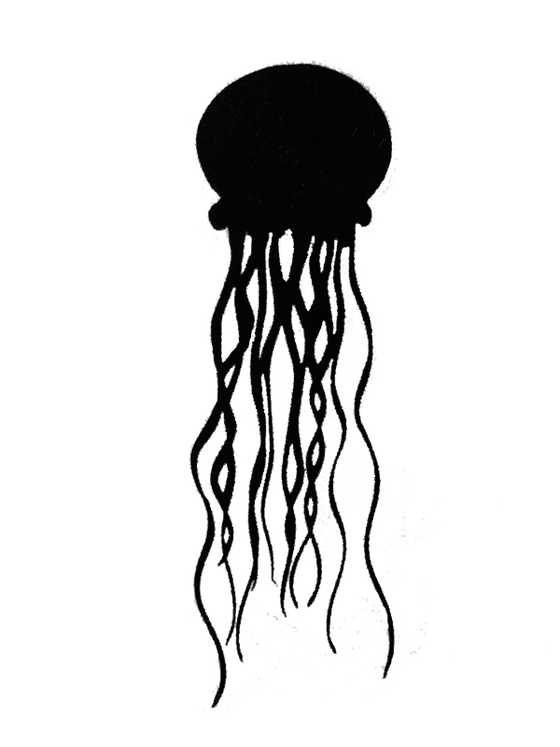 This metal sculpture shows the matte black silhouette of a jellyfish. It has an almost circular dome and a dozen long wave tendrils which hang downward.